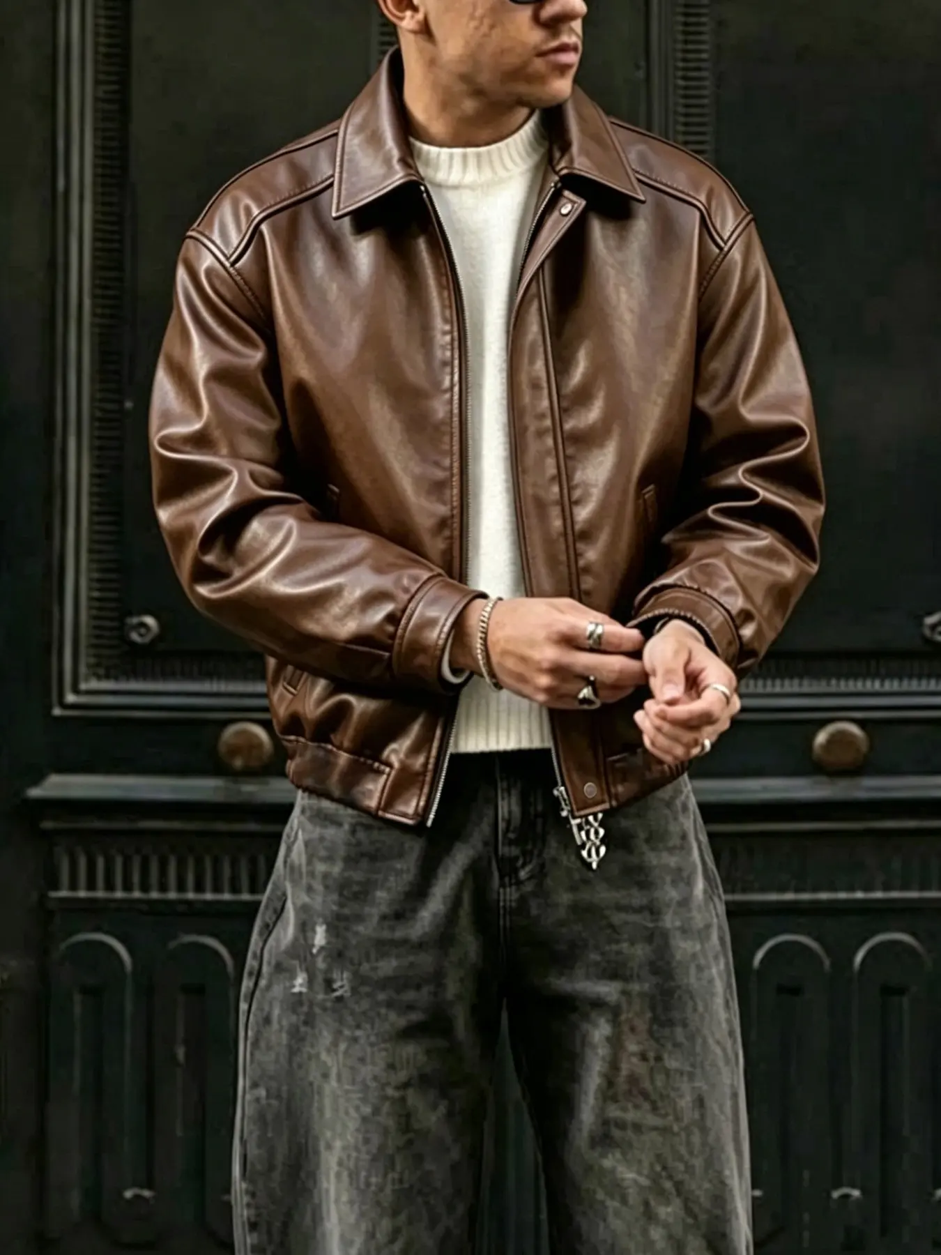 Men's Trendy Casual Fashion Outerwear Elastic Hem Notched Lapel Leather Jacket, High-Quality Fabric, Button Closure, Wide Cut Short Jacket for Fall & Winter