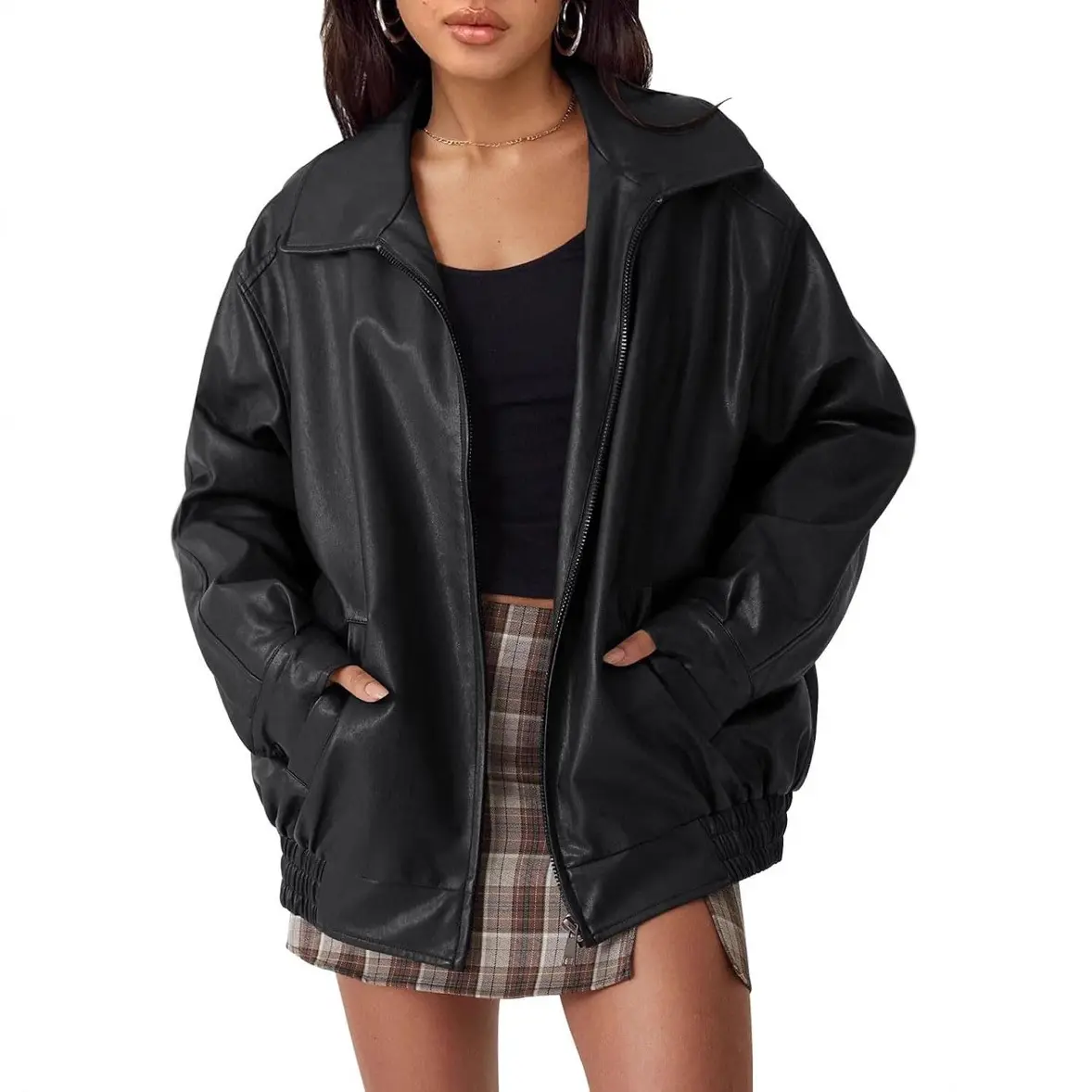 New women's oversized biker leather jacket, autumn and winter fashion, loose-fitting long-sleeve motorcycle coat