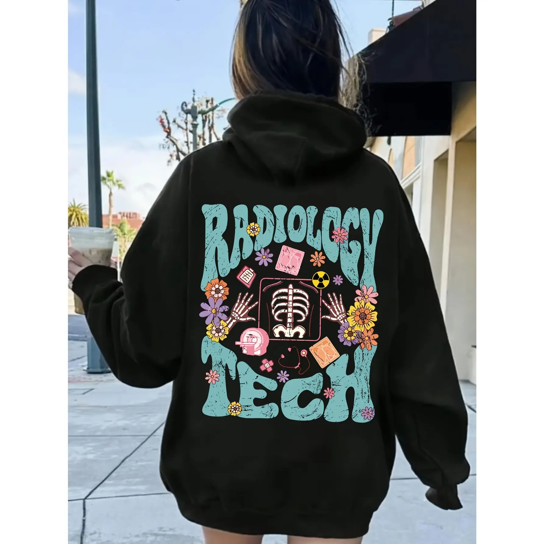 Simple Cartoon Flower Letter Pattern Graphic Print Hoodie, Drawstring Casual Hooded Sweatshirt for Fall & Spring, Women's Clothing