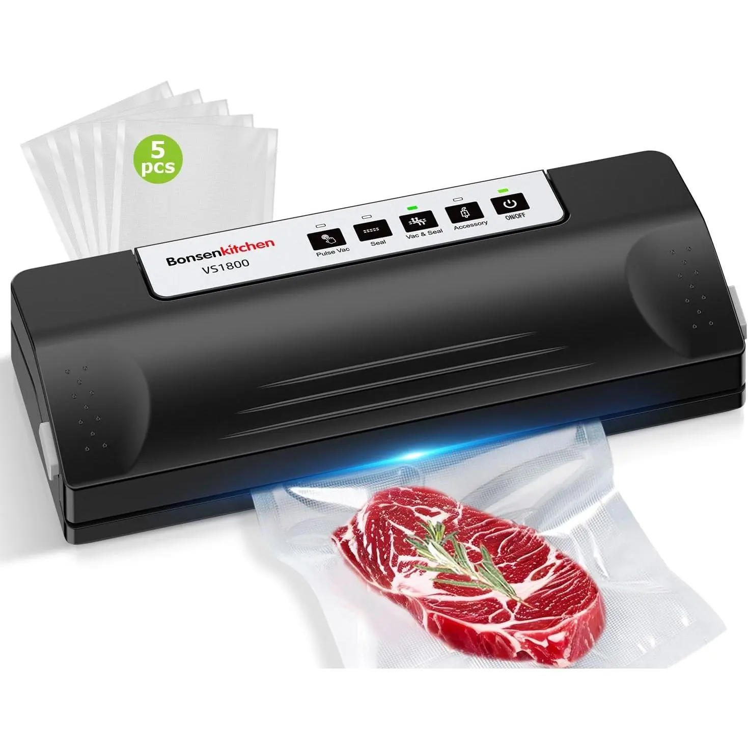 Vacuum Sealer Machine for , Multi-Functional  Sealer, Automatic  Mode, Commercial Grade, Compact Design, with 5 Vacuum Bags, Black-
