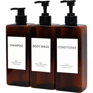 3Pack Refillable Shampoo & Conditioner Dispenser Set 500ml 16.9oz Square Pump Bottles with Labels for Bathroom Kitchen - Amber