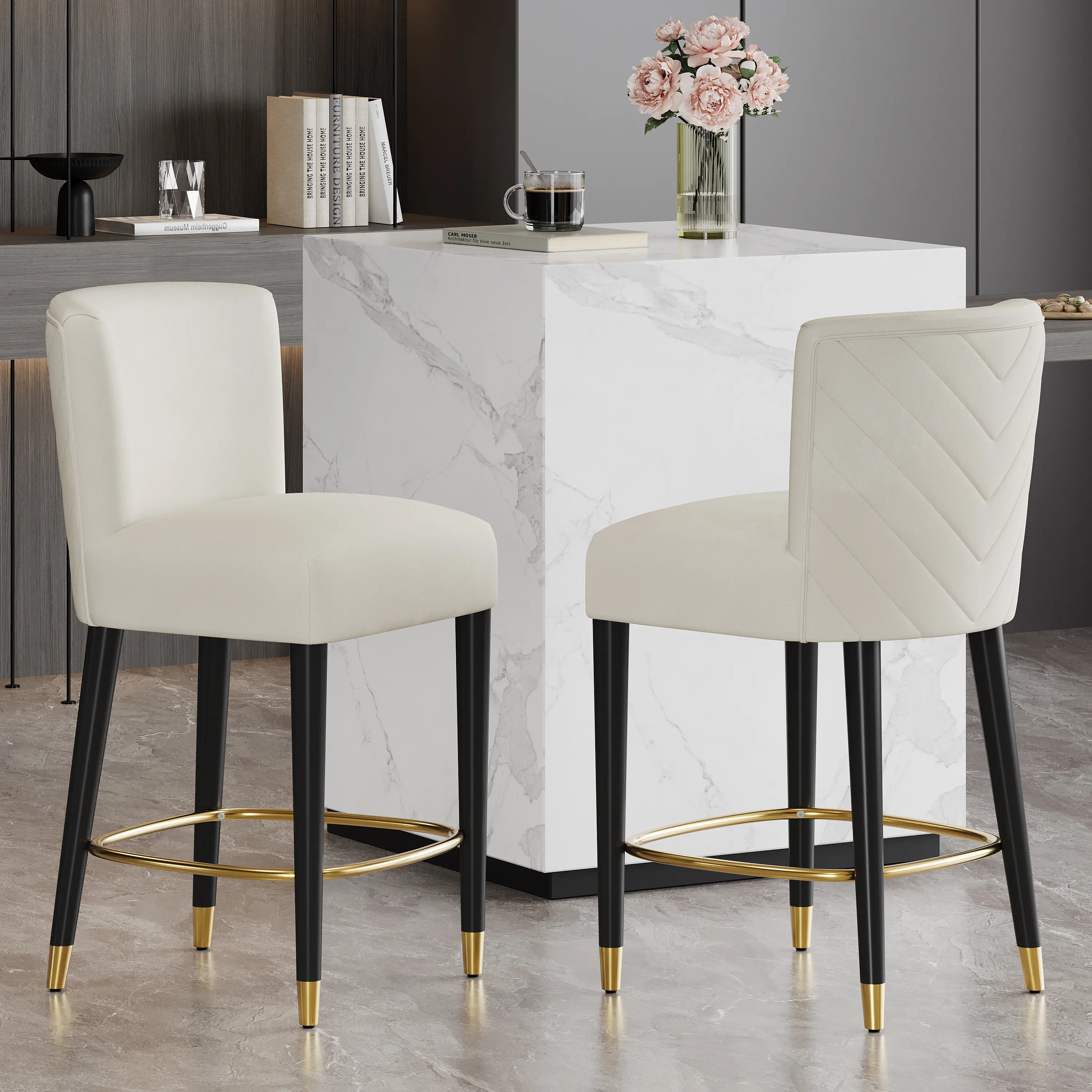 ARCH Modern 27 Inch Counter Stool with Light Beige Fabric Seat and Gold Circular Footrest, Elegant Bar Stool for Kitchen Island, Dining Room, Home Bar, Living Room, Luxury Counter Height Stool, Single, Home Furniture and Household Product Search