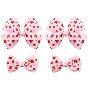 Valentines Pink Hair Bows Gift for Girls Women 4Pcs Cute Handmade Glittery Red Love Heart Ribbon Alligator Clips, Her Wedding Birthday Party Dress Decoration Accessories