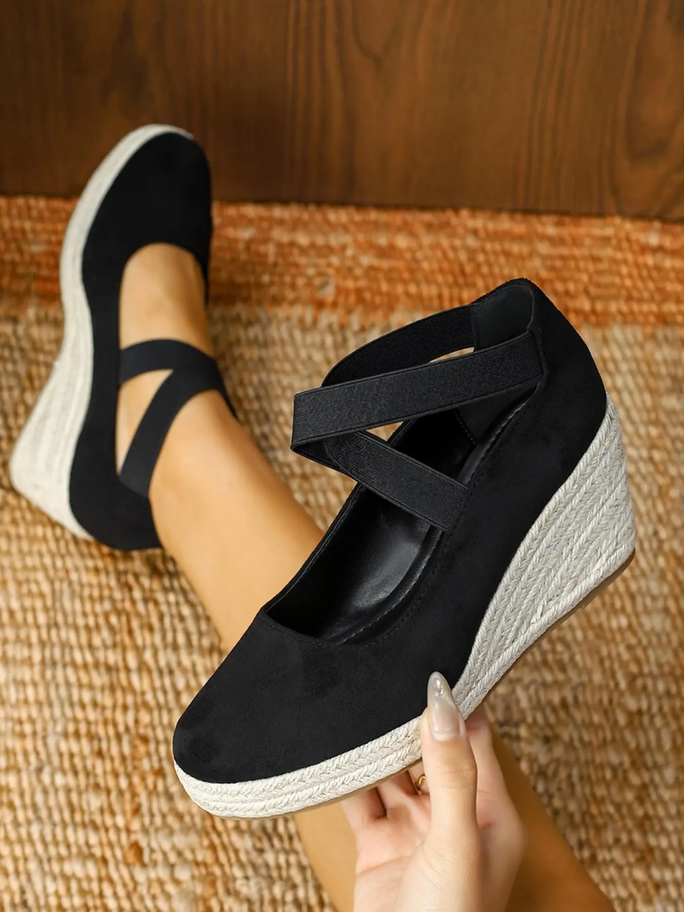 Women's Cross Strap High Heel Sandals, Woven Straw Wedge Design Shoes, Outdoor Vacation Footwear, Peep Toe Plaid Pattern, Wedge Heels, Open Toe Footwear
