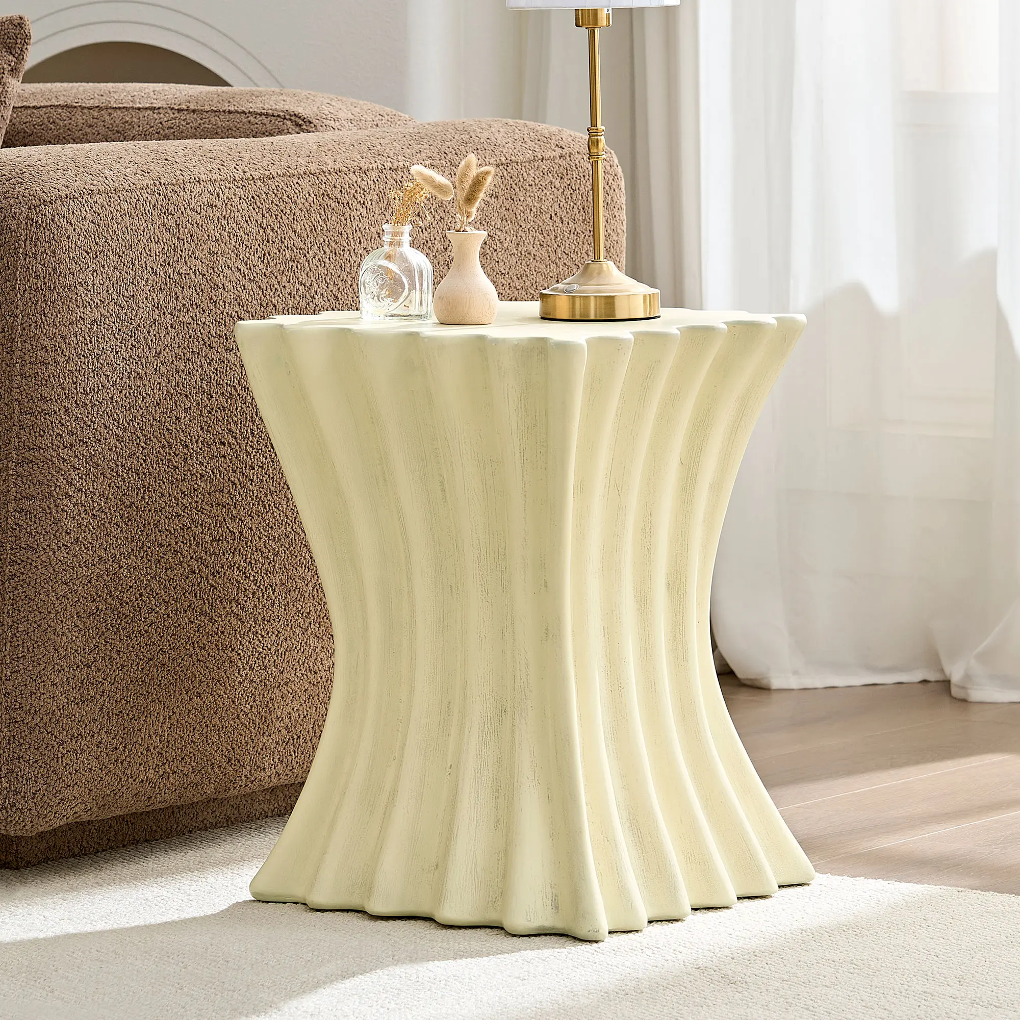 ARCH 15.16 Inch Vintage Side Table Sturdy Fiberglass End Table for Living Room Apartment No Assembly Needed Beige Accent Table Small Space, Living Room Table for Sofa Side, Bedroom, Office, Apartment and Home Decor, Round Side Table