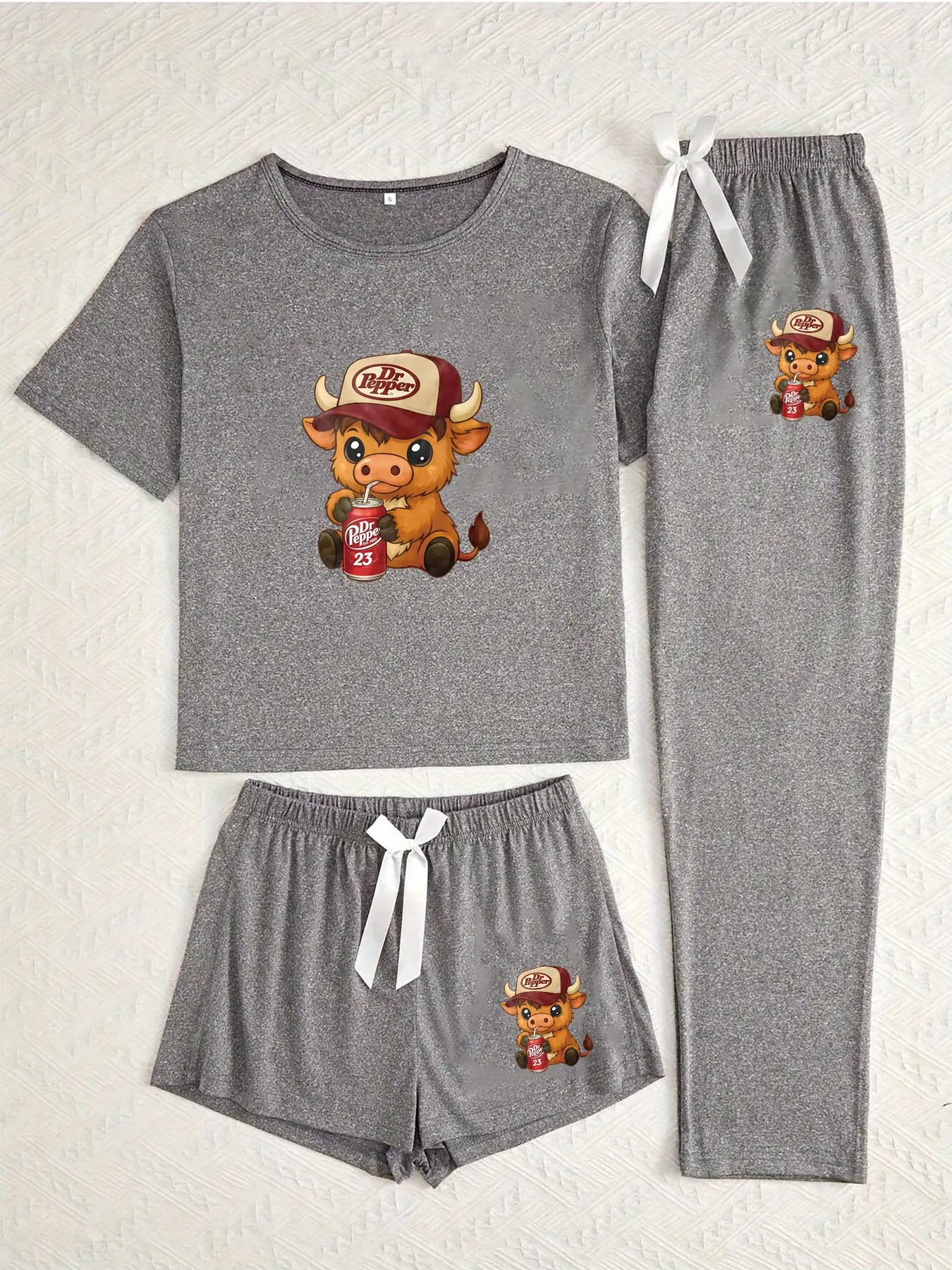 Three-Piece Pajama Set for Women, Cute Cow Pepper Doctor Print, Casual Loose-Fitting Sleepwear, All Seasons Comfortable Nightwear