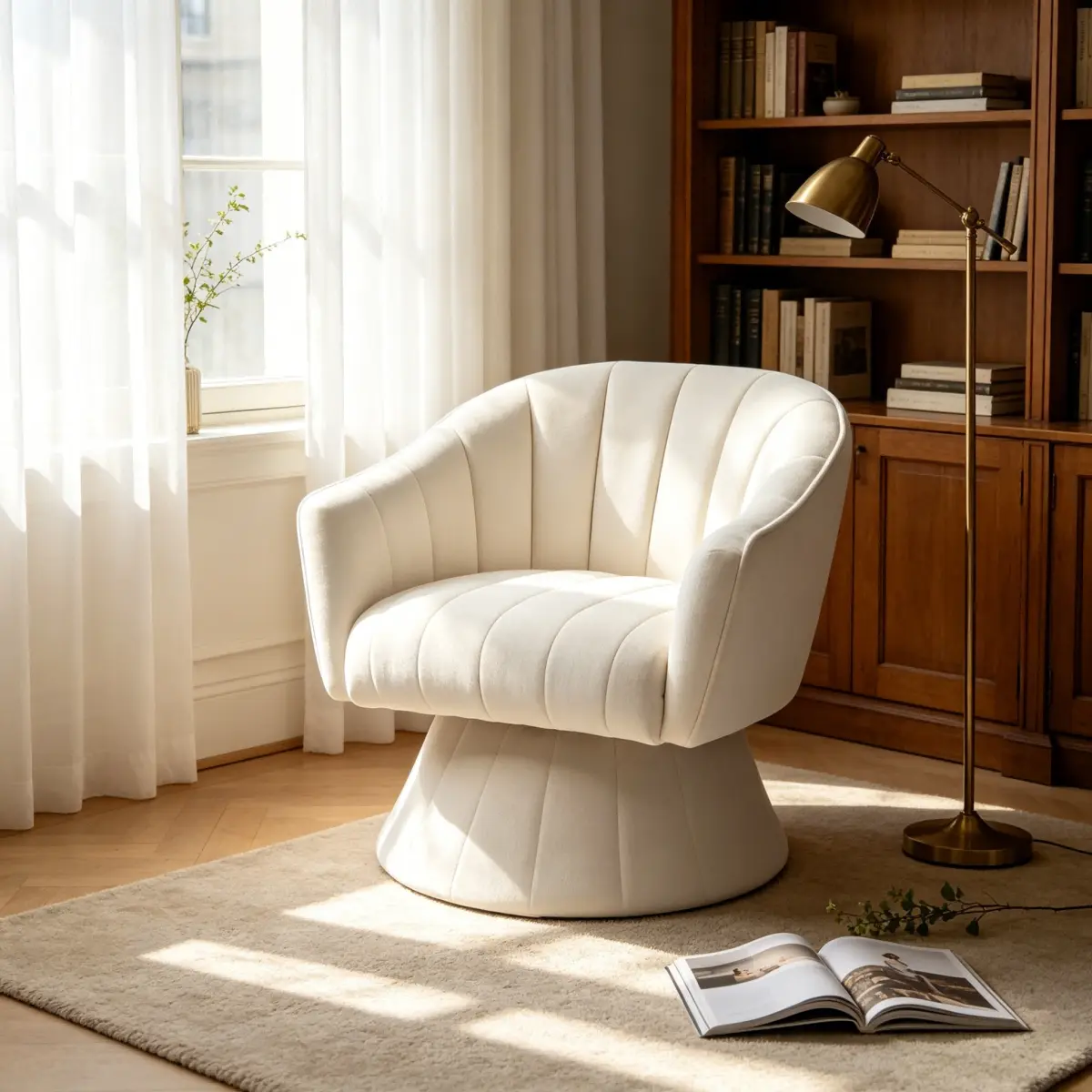 360 Degree Swivel Accent Chair, Modern Channel Tufted Barrel Chair, Cream Corduroy Upholstered Round Swivel Armchair, Comfy Rotating Lounge Chair for Living Room Bedroom Vanity Office