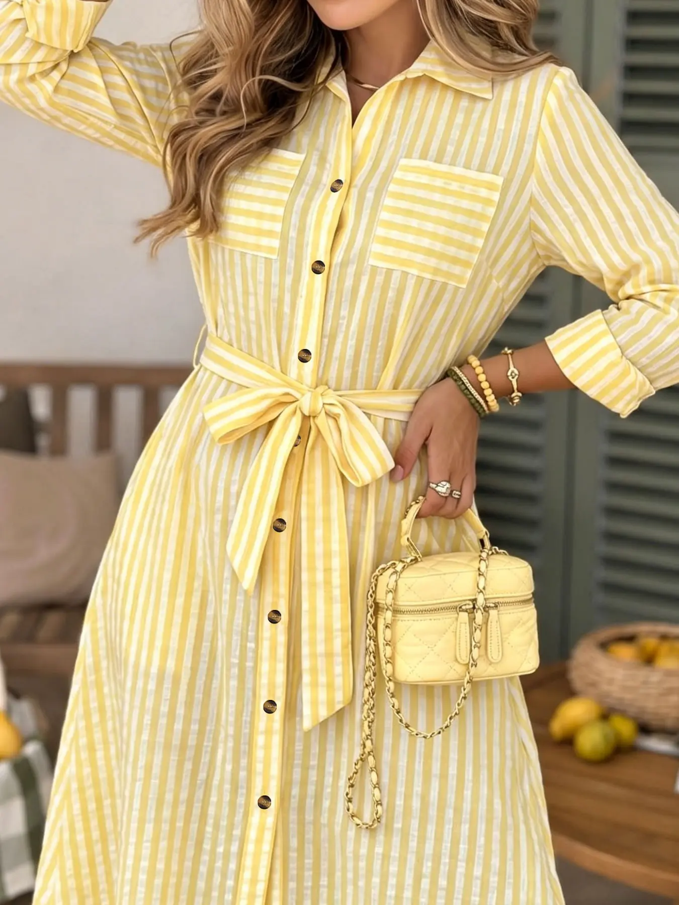 French Elegant Plaid Shirt Dress, Women's Lapel Long Sleeve Design, with Belted Waist and Chest Pockets, Perfect for Summer Outdoors