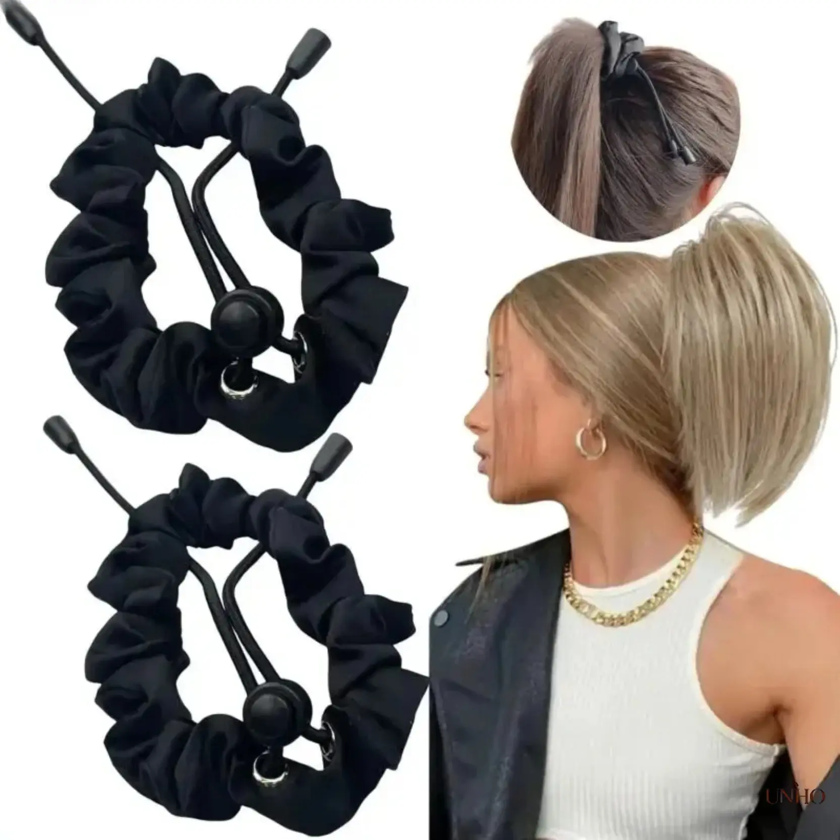 Satin Hair Scrunchies, 2‑Pack Adjustable Black Bands For Thick Curly 4C Afro Hair, Anti‑Breakage Non‑Slip Ponytail Holders, Gentle‑Fit Hair Ties For Sleeping, Workouts And Protective‑Style Styling