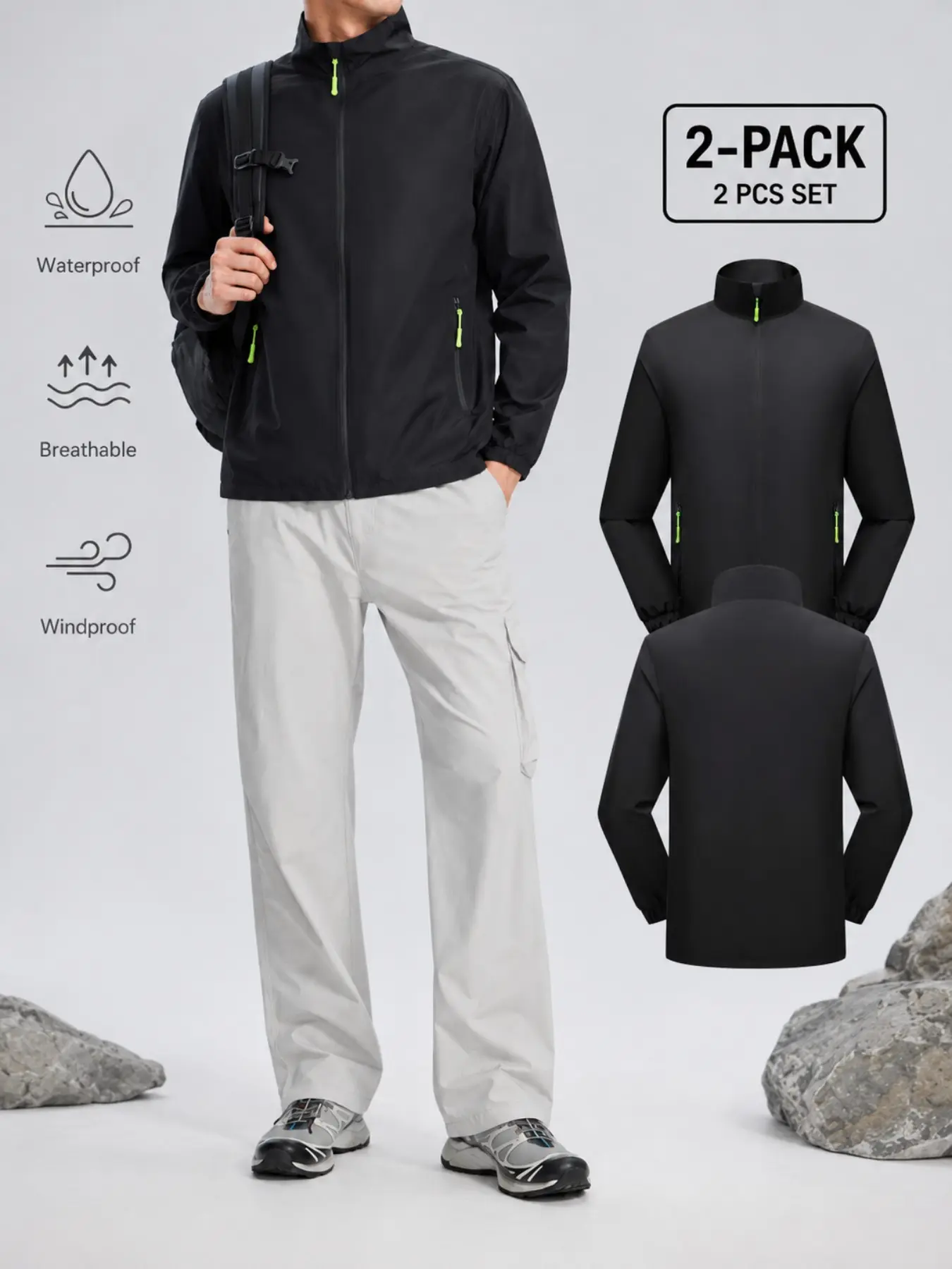2-Pack Men's Waterproof Jacket, Lightweight Windproof Breathable Mesh Lining, Outdoor Sporty Casual Coat, All Seasons