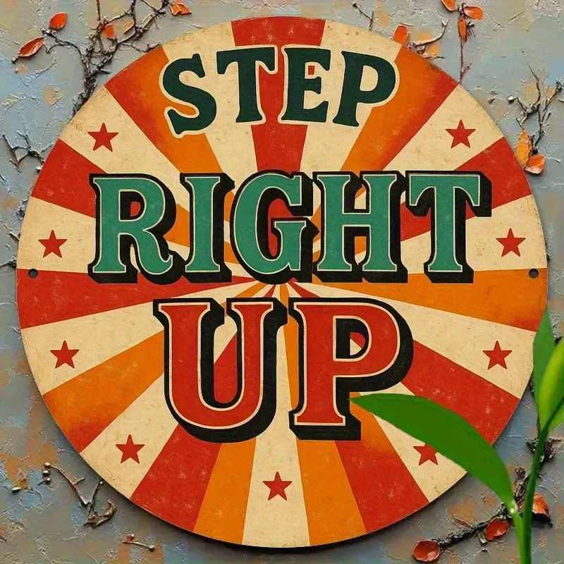 Vintage Heavy-Duty 8x8in Metal Round Sign - "Step Right Up" Circus Carnival Wall Decoration, Red-Yellow-Green Home & Halloween Plaque