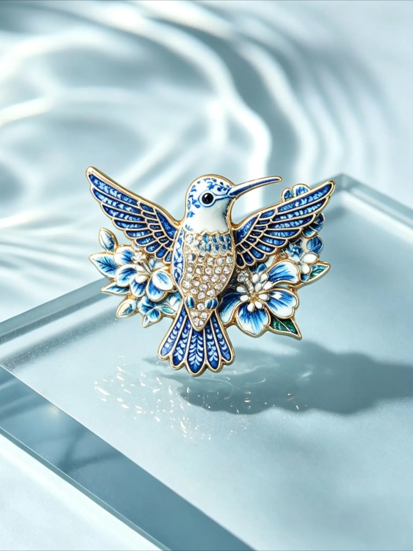 1PC Vintage Blue And White Porcelain Hummingbird Brooch Pins, Rhinestone Oriental Floral Bird Lapel Pin Badge for Coat Scarf Suit Decor Gift For Bird Lovers Women