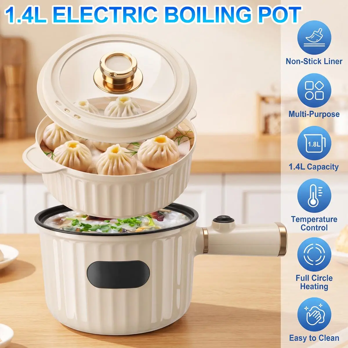 【Back To School Gift】1.4L 2-in-1 Electric Hot Pot with Steamer, Non-Stick Electric Cooker with Adjustable Temperature Control, Detachable Power Cord, Portable Ramen Cooker with Overheat Protection for Dorm, Apartment, and Single Serving