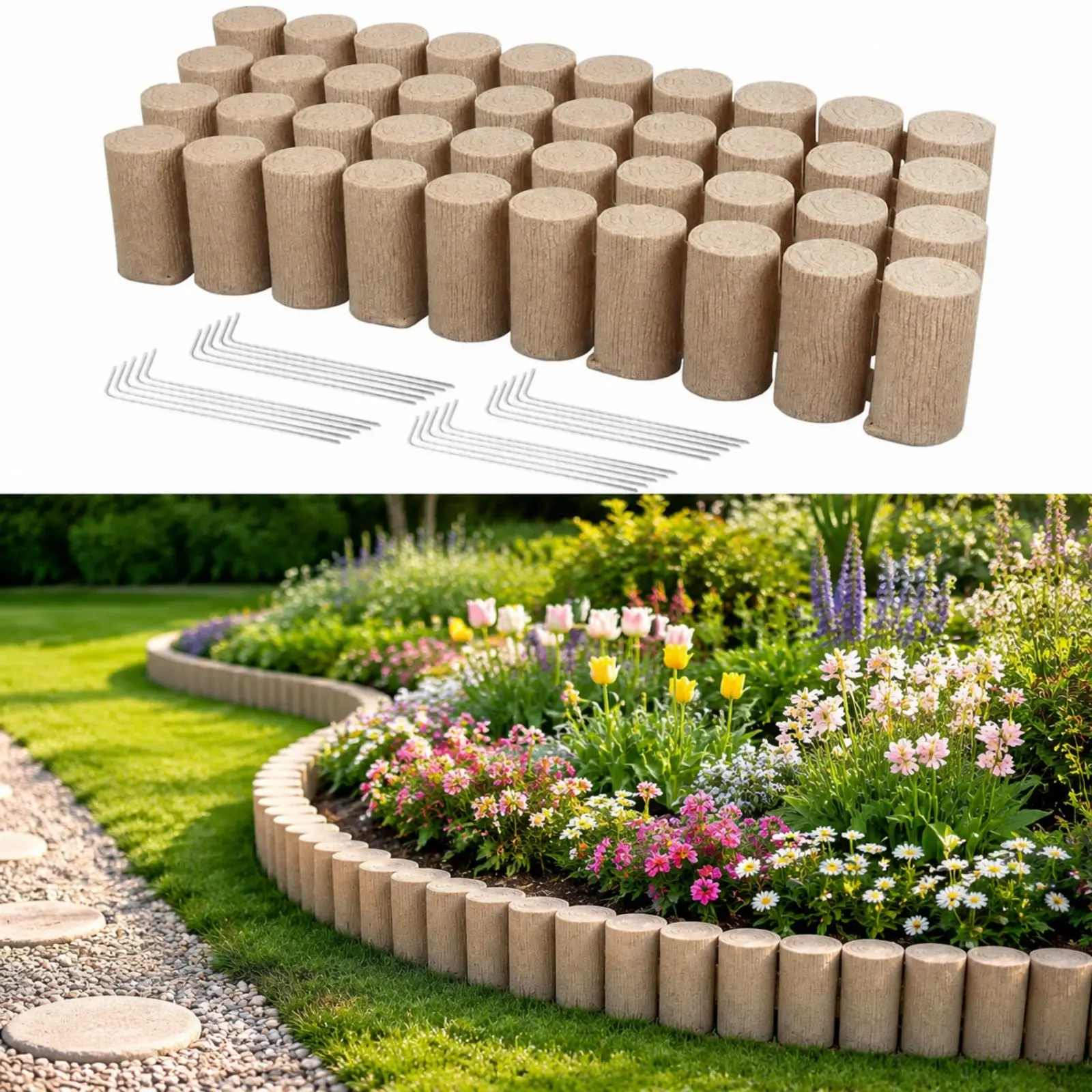 VEVOR Faux Wood Landscape Edging, 13.7 ft Kit, No Dig Garden Edging Border, Blocks for Lawn, Flower Beds, Pathways, Yards, 4 Pack Each Section Has 10 Logs 41.14"L x 3.74"W x 7.48"H, 32 Spikes, Beige
