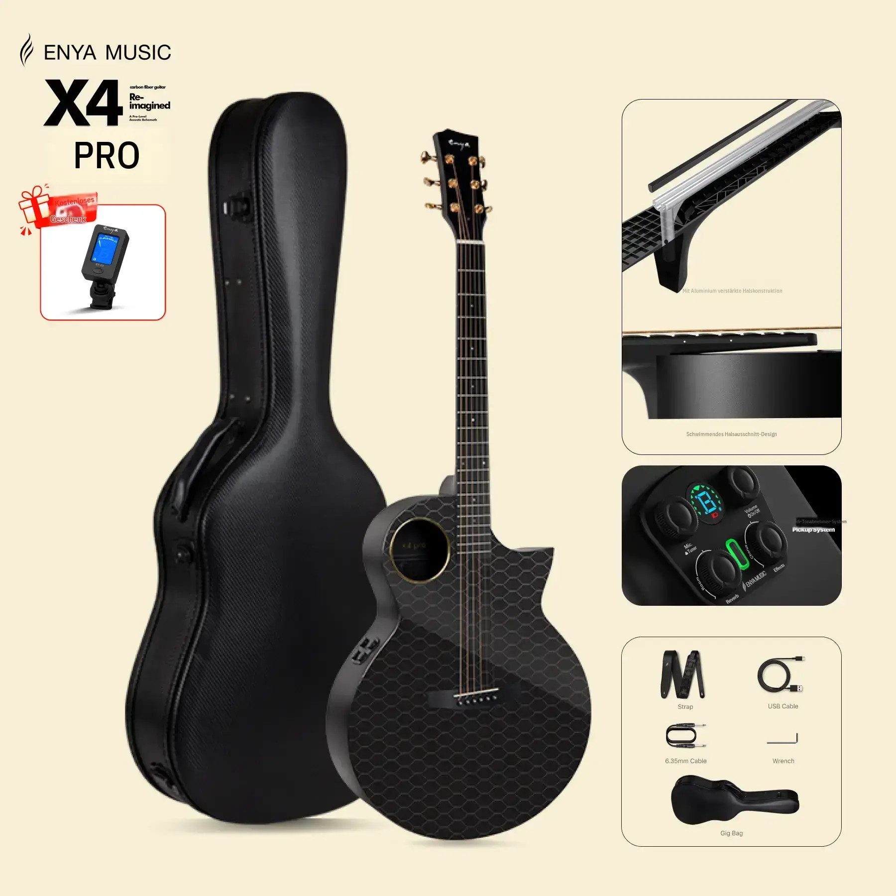 【Music, Evolved.】Enya X4 PRO/ X4 PRO MINI Carbon Fiber Acoustic Electric Guitar, 41 Inch Full Size Cutaway Design, AcousticPlus Pickup System with Built in Effects & Tuner, Includes Deluxe Hard Case, Leather Strap, Cable#SohoChic