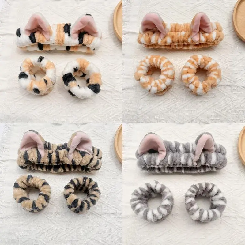 Women's 3-Pcs Plush Fabric Fashion Headbands Set - Unisex Resin Accent Cat Ear Hair Wraps with Matching Anti-Spill Wristbands for Face Washing, Skincare, Makeup (Autumn Winter Hair Accessories), Women's Matching Sets, Anti-Spill Wrap, Plush Resin, Unisex,