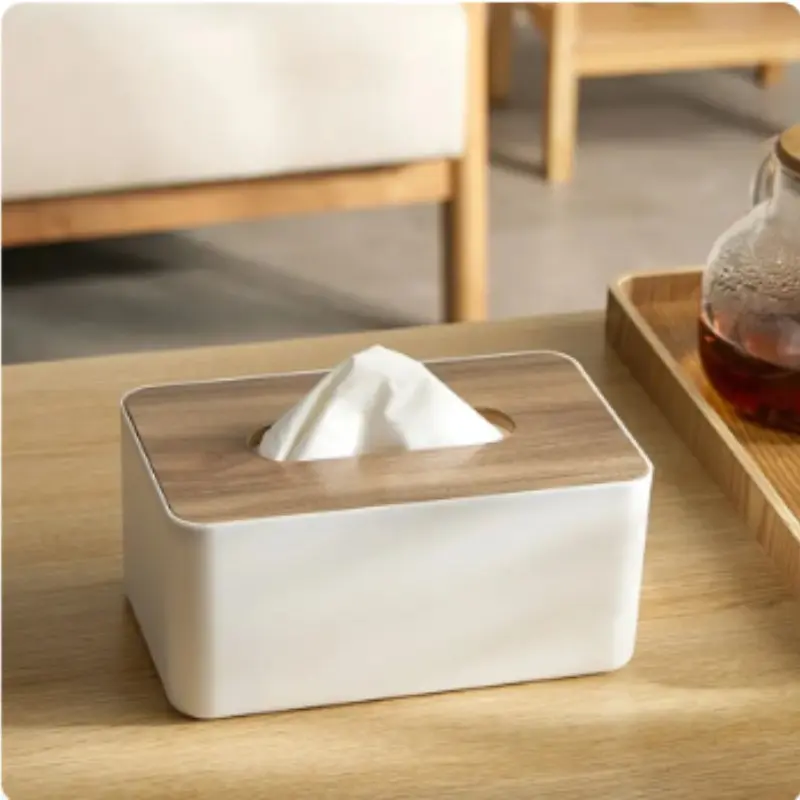 Tissue Box with Wood Grain Lid, Tissue Storage Box, Desktop Tissue Holder, Home Organizer for Living Room Bedroom Bathroom