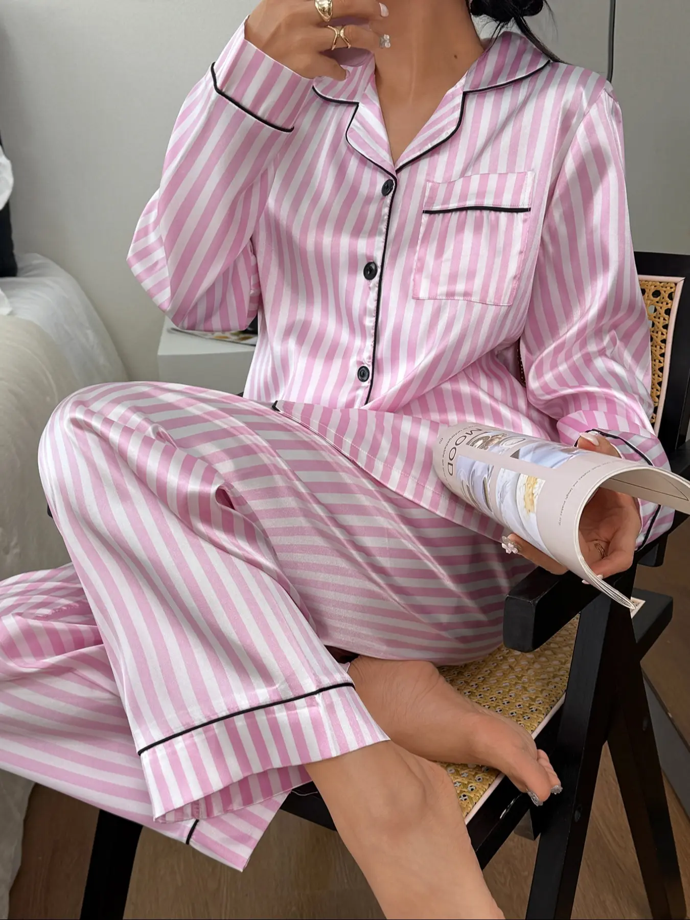 Women's Striped Button Front Shirt & Elastic Waist Pants Set, Soft Fabric Long Sleeve Casual Loungewear Home Wear Casual Pajama Sets for All Seasons