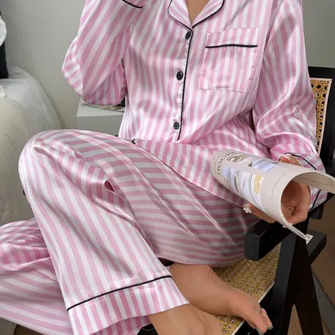 Women's Striped Button Front Shirt & Elastic Waist Pants Set, Soft Fabric Long Sleeve Casual Loungewear Nightwear Pajamas Home Wear Casual Pajama Sets for All Seasons