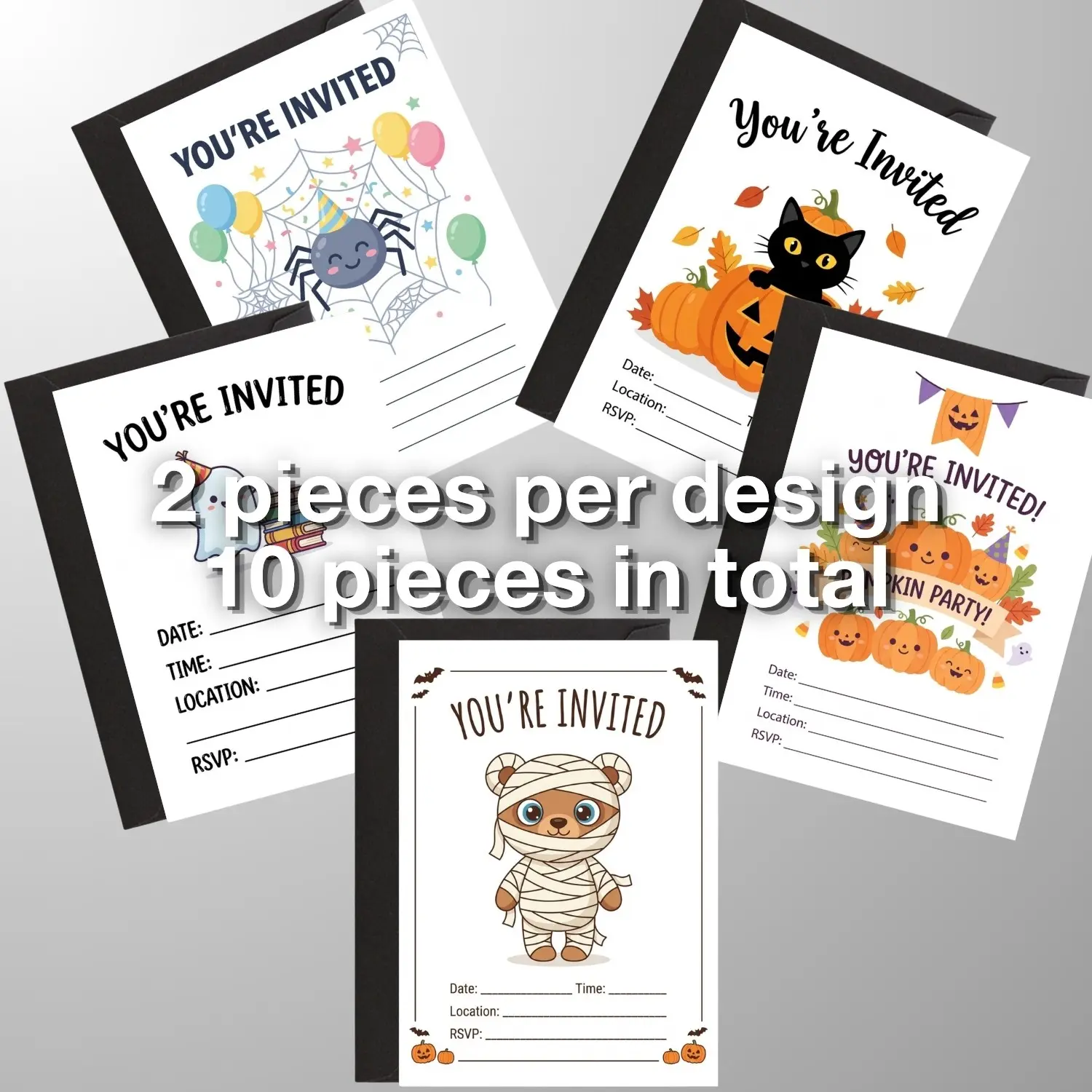 Cute Halloween Party Invitations Set, 5x7" Kawaii Friendly Theme, 10 Pack Blank Fill-In Cards with Envelopes, Perfect for Festive Events