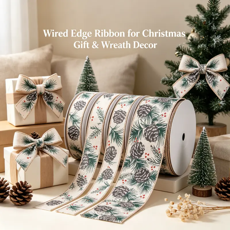 2.5-Inch Pine Cone Berries Wired Ribbon, 10Y/Roll Vintage Farmhouse Ribbon for Christmas Home Crafts, Wreath, Gift, Bouquet, Decor Ornaments
