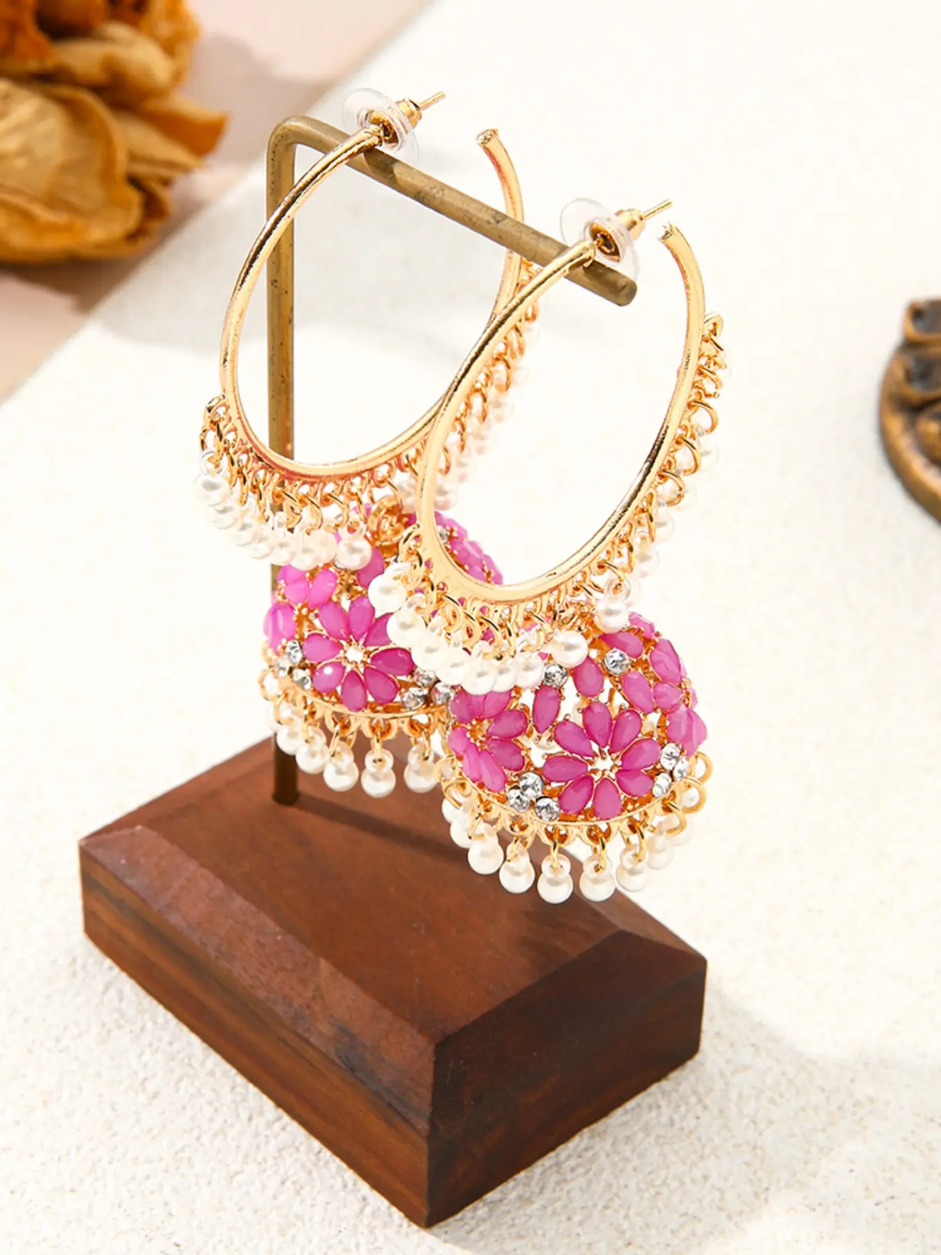 Boho Flower Rhinestone Birdcage Earrings, Vintage Hollow Pearl Fringe Large Ring, Indian Ethnic Long Pendant Earrings, Versatile Party Jewelry, Bohemian Earrings