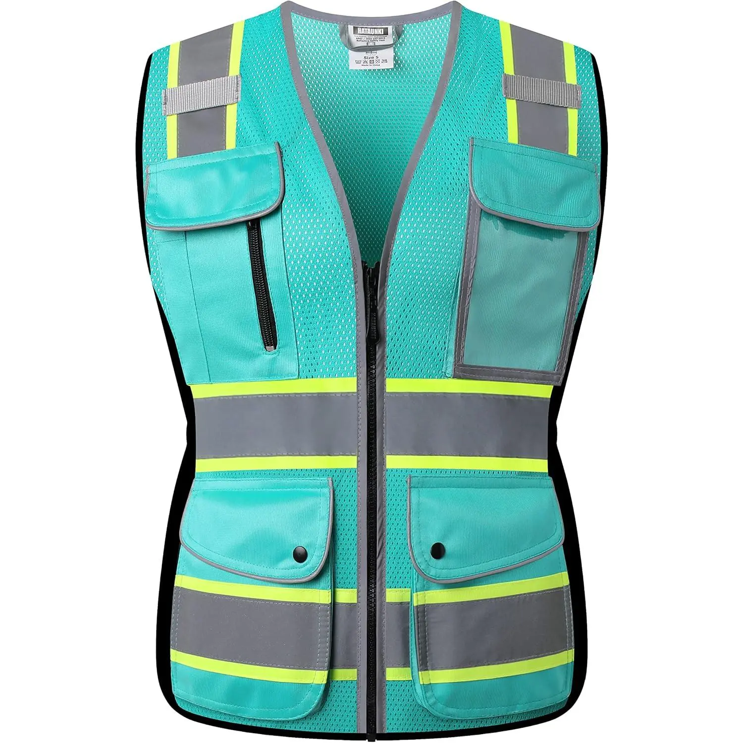 Women's ANSI Certified Reflective Safety Vest, High-Visibility Mesh Fabric Sporty Protective Gear with 9 Pockets, Front Zipper for Outdoor Work (Peacock-16, M)