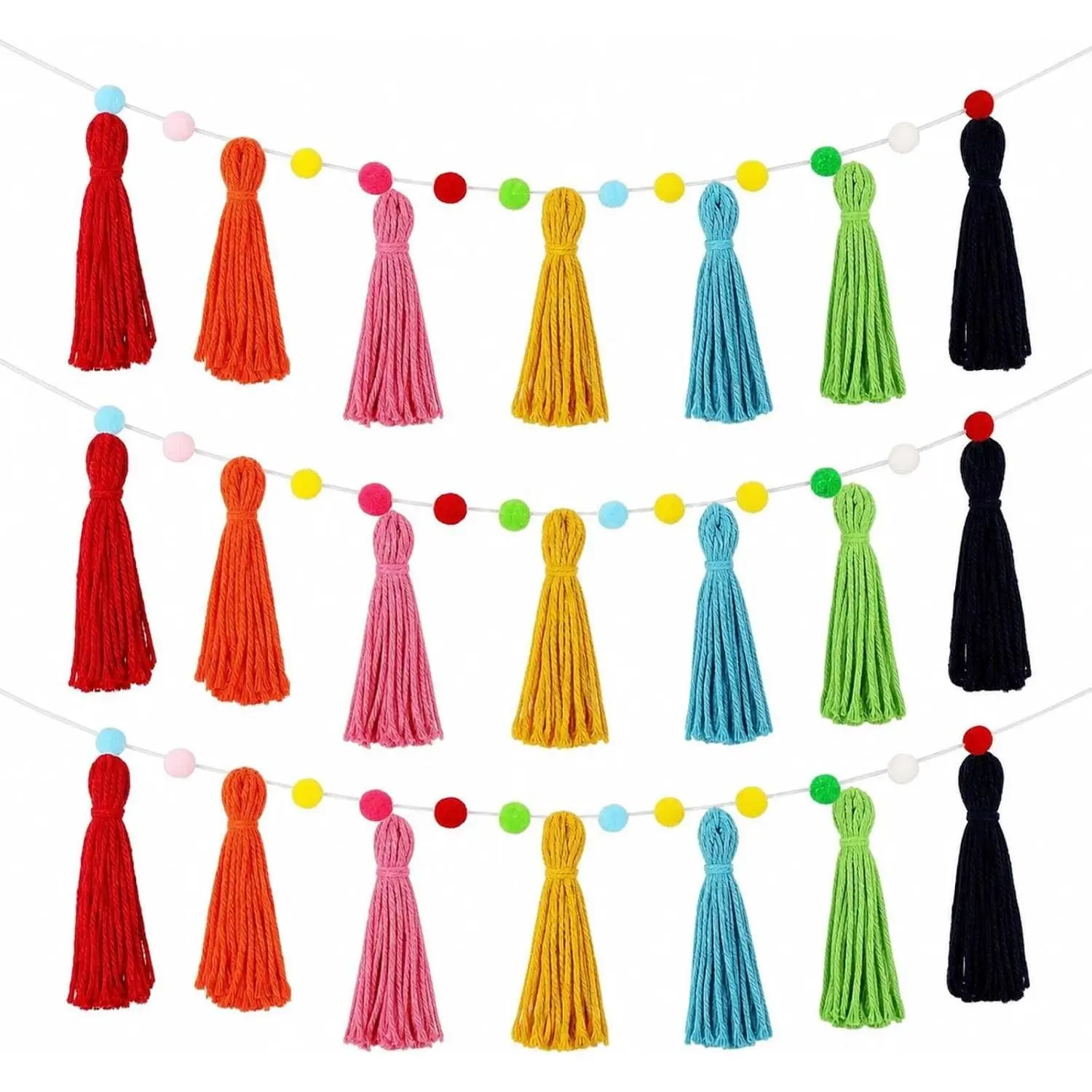 3 Pcs Felt Boho Tassel Garland Banner - 50in Colorful Pastel Rainbow Pom Pom Decoration, Wall Hanging for Nursery Classroom, Window & Indoor Furniture Accent (Rich Colors)