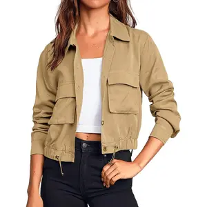 Arssm Women's Casual Cropped Shacket Button Down Long Sleeve Shacket Jackets Adjustable Drawstring Shirts Coats(Khaki-L)