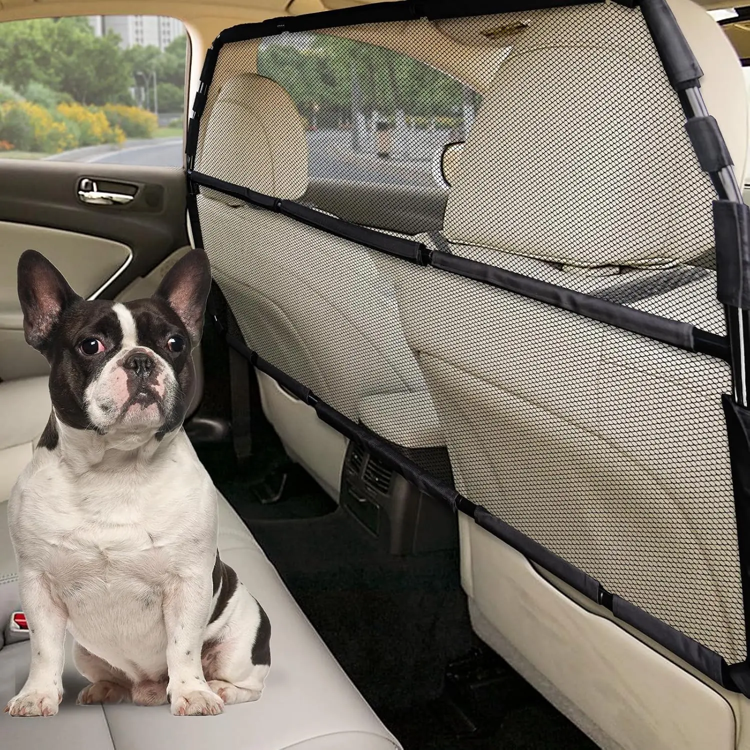 Escape-Proof Dog Car Barrier, 50" Wide Car Divider for 2nd 3rd Row Seats & Cargo Area, Durable Back Seat Trunk Barrier with See Through Mesh Net for Small Trucks, SUV & Mid-Sized Vehicles