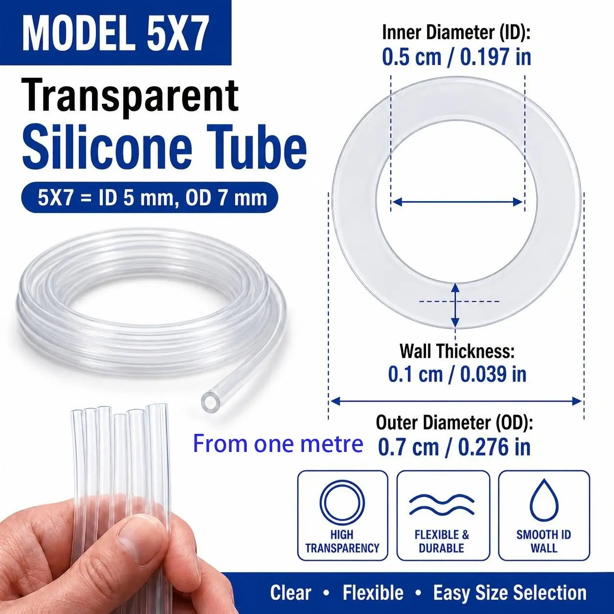 Transparent Silicone Tube, High Temperature Resistance, Inner Diameter 7mm, Wall Thickness 1mm, Flexible, Durable, Easy DIY, Industrial Use