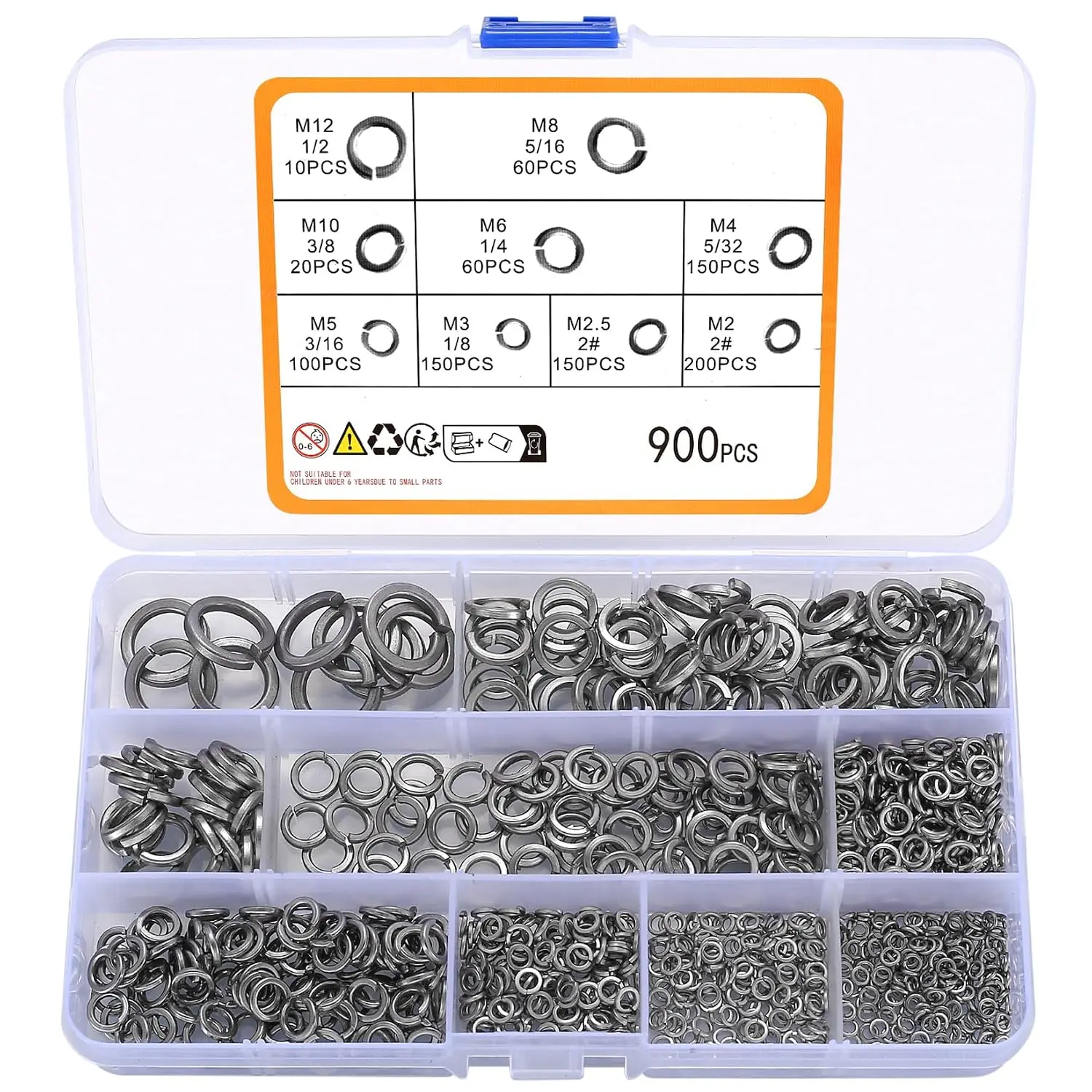 900 count Stainless Steel Spring Lock Washer, Lock Washer | Split Lock Washer, Split Ring Washer Bolt Screw Spring Washer, 2#, 1/8", 5/32", 3/16", 1/4", 5/16", 3/8", 1/2"