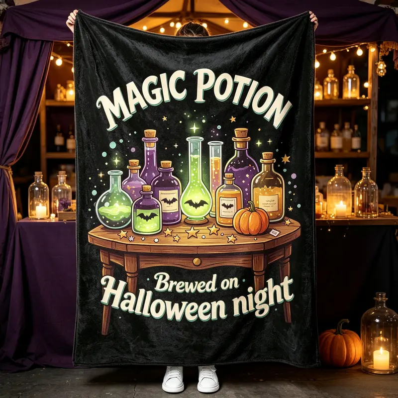Halloween MAGIC POTION Magic Potion Bottle English Print Black Flannel Blanket Purple-Green Fluorescent Witch Theme Sofa Nap Shawl Blanket