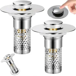 Bathroom Sink Drain Strainer 2 Pack, Universal Sink Stopper, Bathroom Sink Stopper with Pop-Up Drain and Removable Hair Catcher, Stainless Steel Filter Basket, Fits Standard US Bathroom Sinks