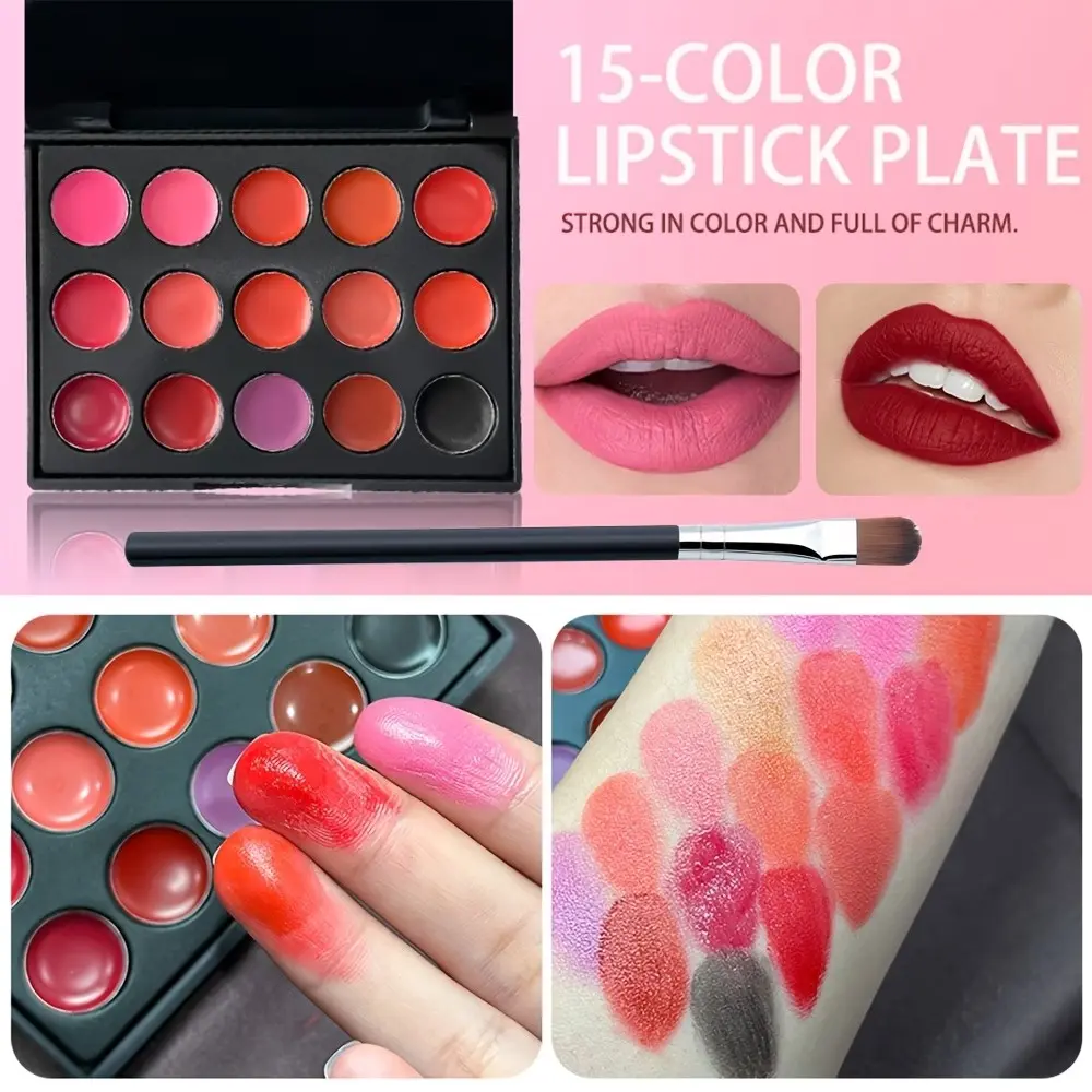 15 Color Mini Lipstick Palette with Lip Brush, Portable Makeup Set, Perfect for Daily Use, Parties, Travel, Tea Latte, Bean Sand, Shades