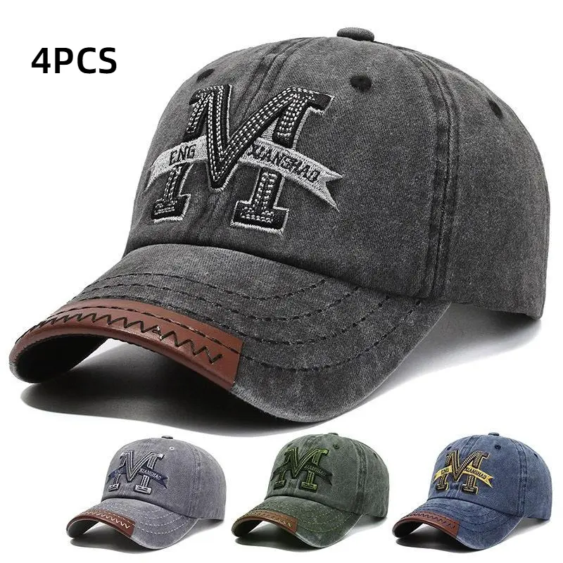 4 Pack Adjustable Baseball Caps with M Letter Embroidery Design, Breathable, Stylish Outdoor Sun Protection Hat for Hiking, Stylish Headwear, Versatile Fashion Cap and Travel, Baseball Hats for Men, Caps for Women Hat Set