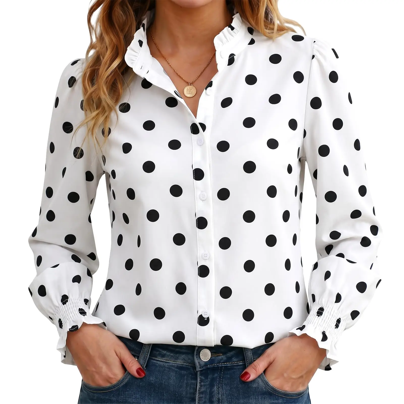 Funlingo Button Down Shirts for Women Long Sleeve Tops Ruffle Collar Blouse | Dressy Casual Blouses, Smocked Cuffs, Floral Printed Tops, Striped, Business Casual Outfits,Work Shirts,Fall Vacation Clothes, Paisley, Skirts sohochic, Trouser