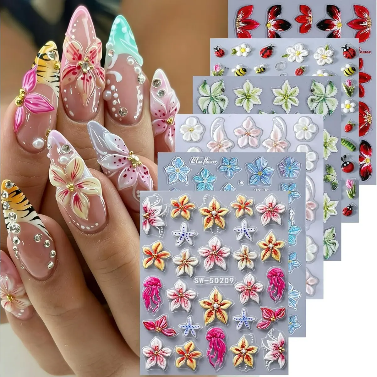 6 PCS 5D Summer Flower Nail Art Stickers, Decals Embossed Hibiscus Decals for Nails Art, Lily Hibiscus Starfish Jellyfish Daisy Bee Ladybug Designs Summer Tropical Floral Nail Decoration for Women, Nail Art Supplies