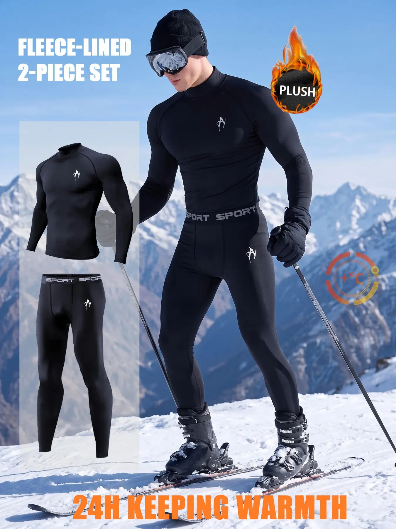2-Piece Men’s Thermal Compression Set, High Neck Long Sleeve Top + Fitted Pants, A Graphic Print, Breathable Stretch Base Layer for Running, Cycling, Gym Training, Skiing & Outdoor Winter Sports
