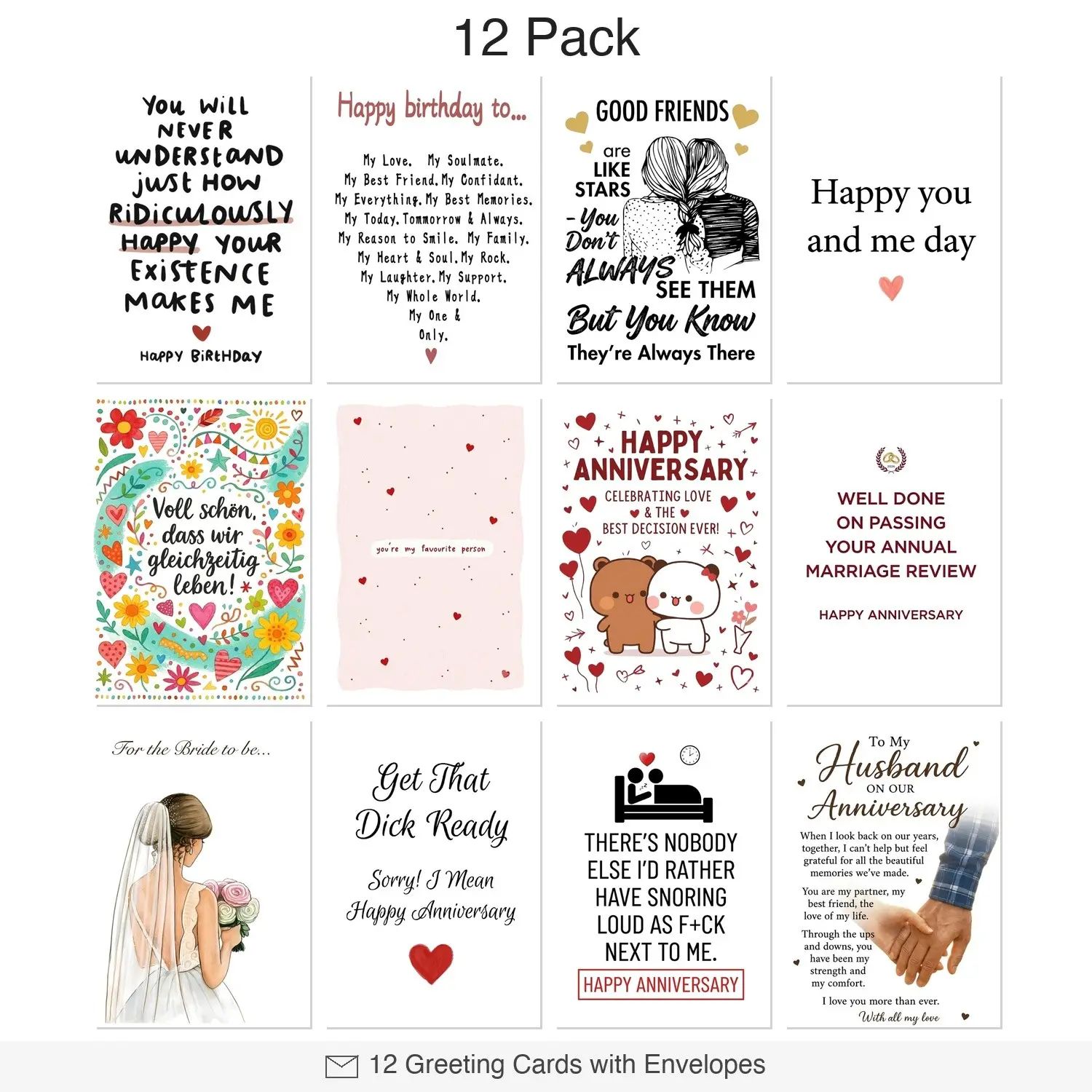 Romantic Greeting Cards 12 Pack with Envelopes – Anniversary Love Wedding Cards for Couples, Blank Inside, 5x7 Inch, Premium 300GSM
