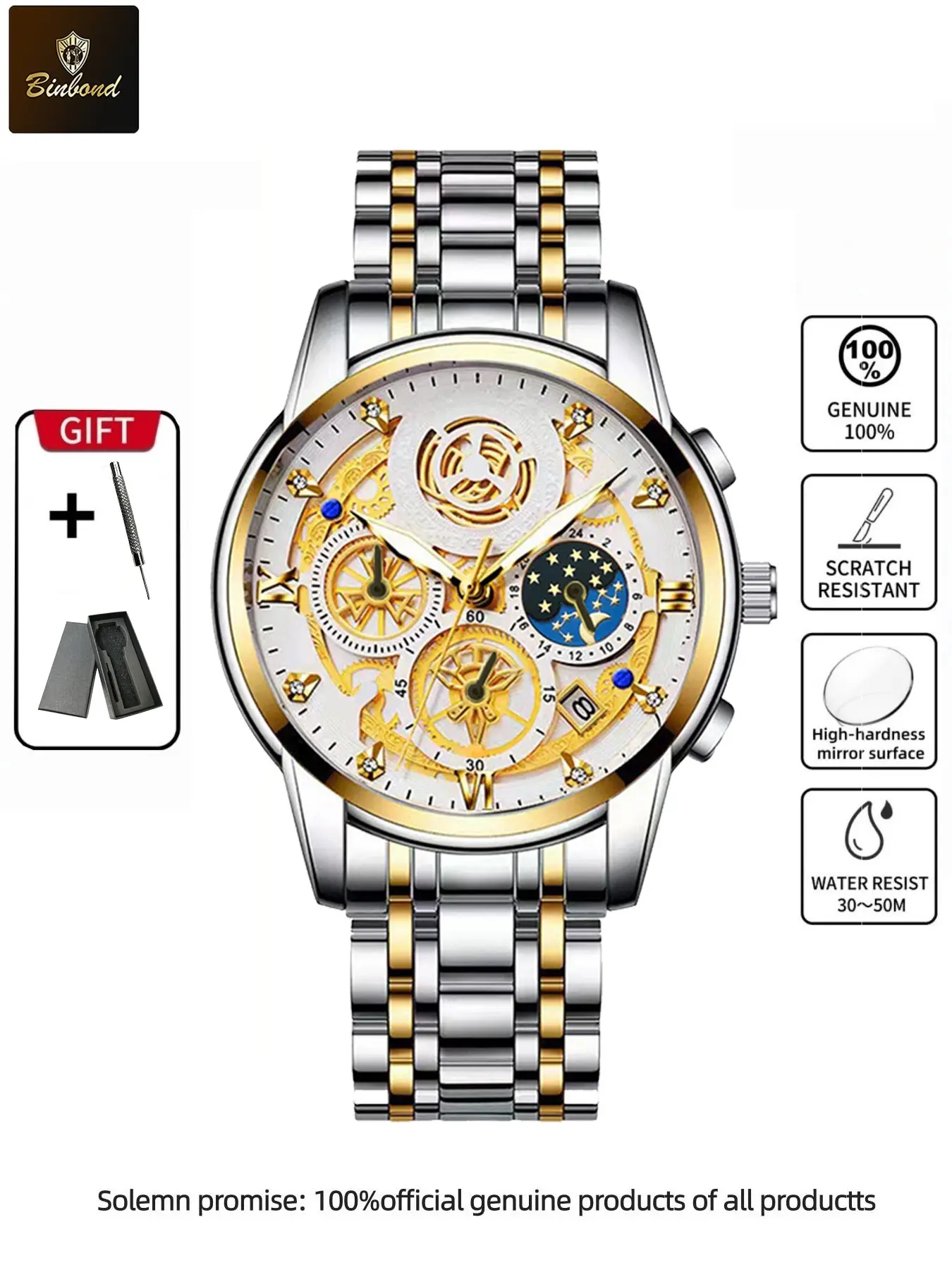 Binbond 4010 Luxury Business Men's Waterproof Quartz Watch, Stainless Steel Strap, Luminous Date Display, Round Dial, Stainless Steel Watches, Quartz Analog Wristwatch, Modern Waterproof Watch