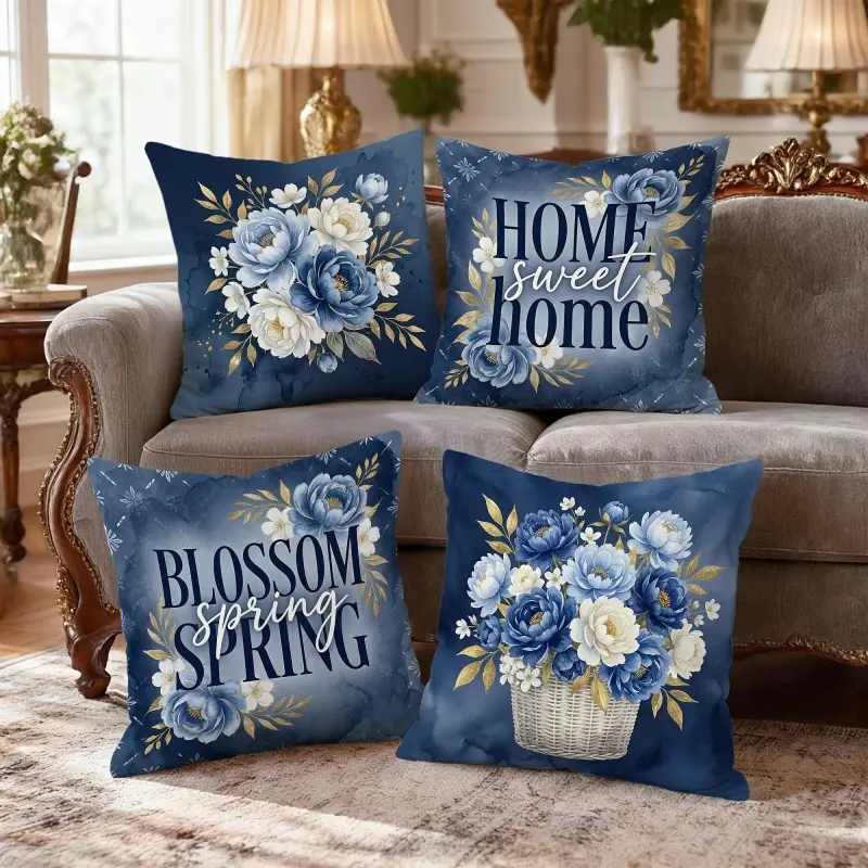 4pcs Blue and Golden Floral Cushion Covers Suitable for Sofa Bed, Modern Zippered Throw Pillowcases with Single-Sided Print, Machine Washable Decorative Pillowcases for Living Room Patio Garden Decor, Contemporary Elegant Covers for Spring Summer