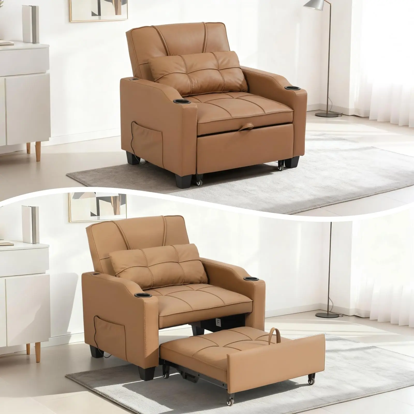 3-in-1 Convertible Sleeper Chair Bed - Metal Frame Multi-Functional Single PU Leather Sofa Recliner with USB Ports, Cup Holders, Massage Lumbar Pillow, 380 lbs Capacity for Dorm, Home Office Small Spaces