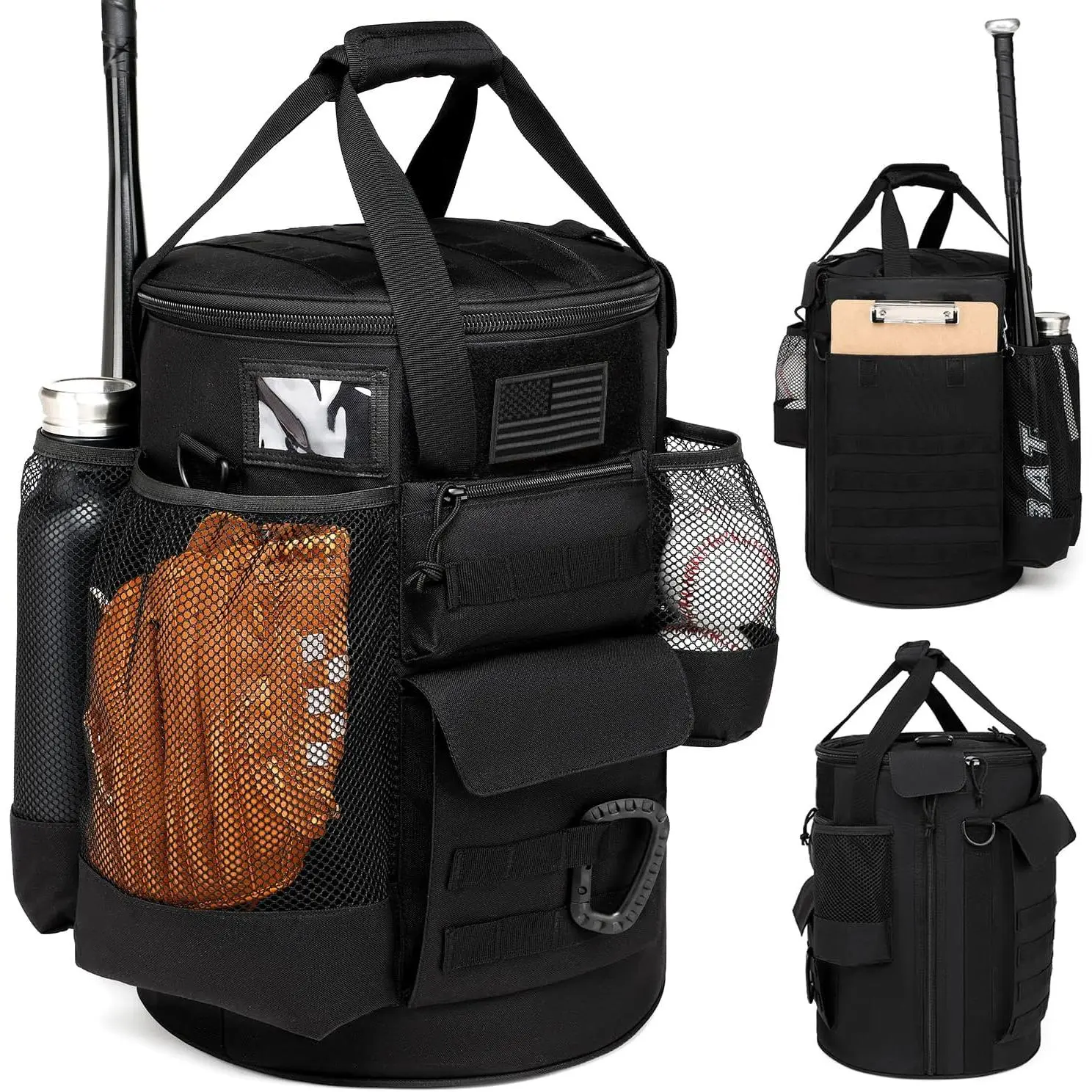 Tactical Acu Baseball Bucket Bag - Glove Baseball Equipment Bag with Anti-Slip Bottom, Multiple Pockets for Bat, Gloves, Scoreboards, Black+Grey/Blue CM for Games Coaching Accessories Organizer, Glove Baseball Equipment Bags