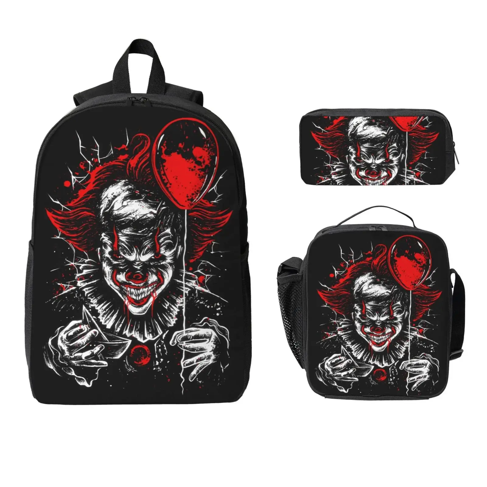 Anime Style Pennywise 3-Piece Backpack Set - 17in Large Capacity Daypack, Regional Printing Lunch Box & Pencil Case, Anti-Theft Laptop Bag for Anime Fans, College & Business Trips, Oxford Cloth, School/Travel, Campus Life, Synthetic, Bagpack Travel, Built