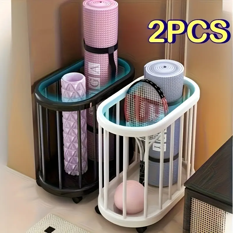 1/2pcs Sleek Rolling Basket - Durable Plastic Sports Organizer | Wheel Storage for Yoga Mats, Rackets & Home Gym Gear, Shelf Baskets