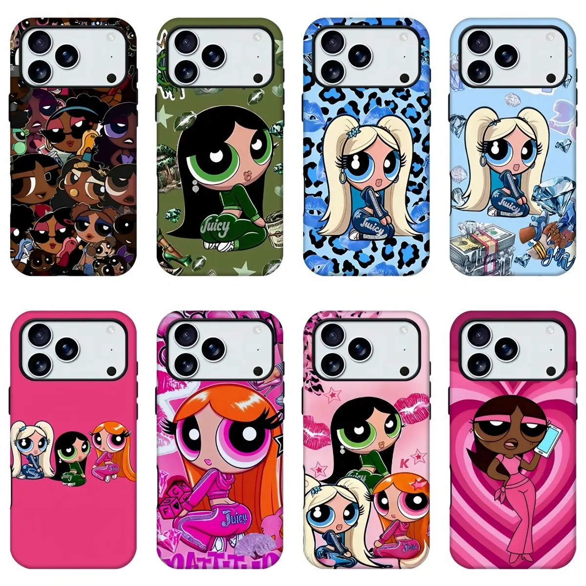 Y2K Baddie Powerpuff Girls Juicy Print Phone Case, Pink Heart Leopard Lip Collage Cartoon Pattern, Coquette Hip Hop Girly Aesthetic Protective Phone Case for iPhone11-17 pro max and Samsung S24-S26 series.Perfect for Her/Him Girly Phone Cases lovely gift