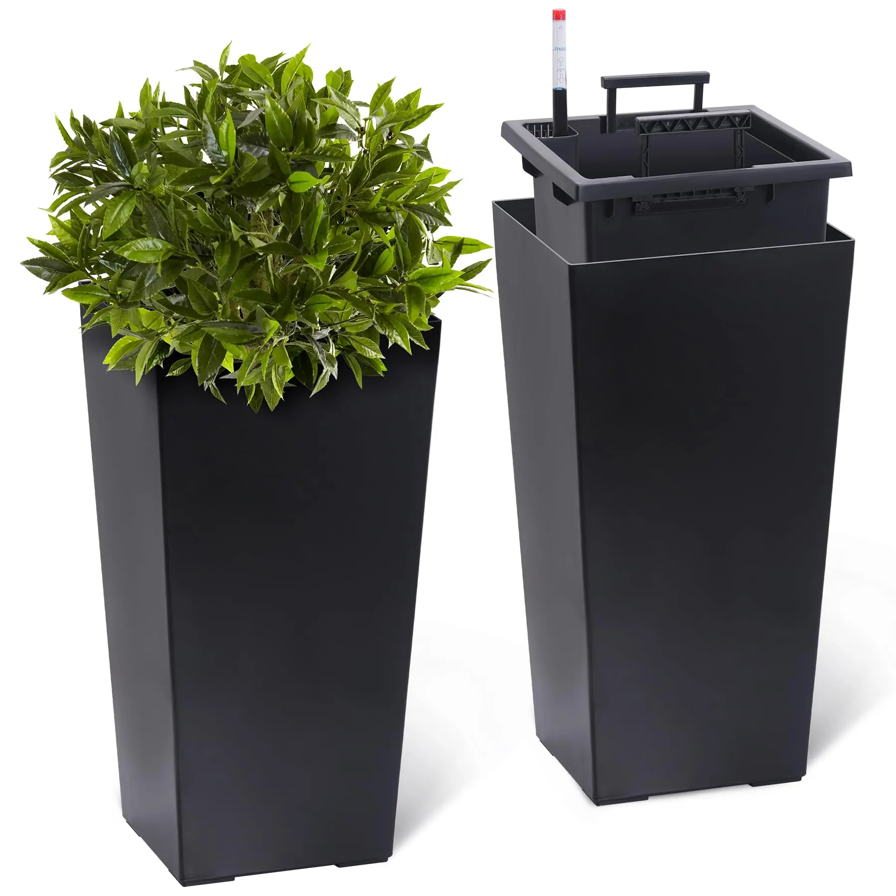 GARVEE23" Tall Planters Set of 2 - Large Modern Indoor and Outdoor Plant Pots in Black and White with Tapered Design, Drainage Holes, Water Level Monitor, Inner Bucket, and Automatic Watering System for Easy Care
