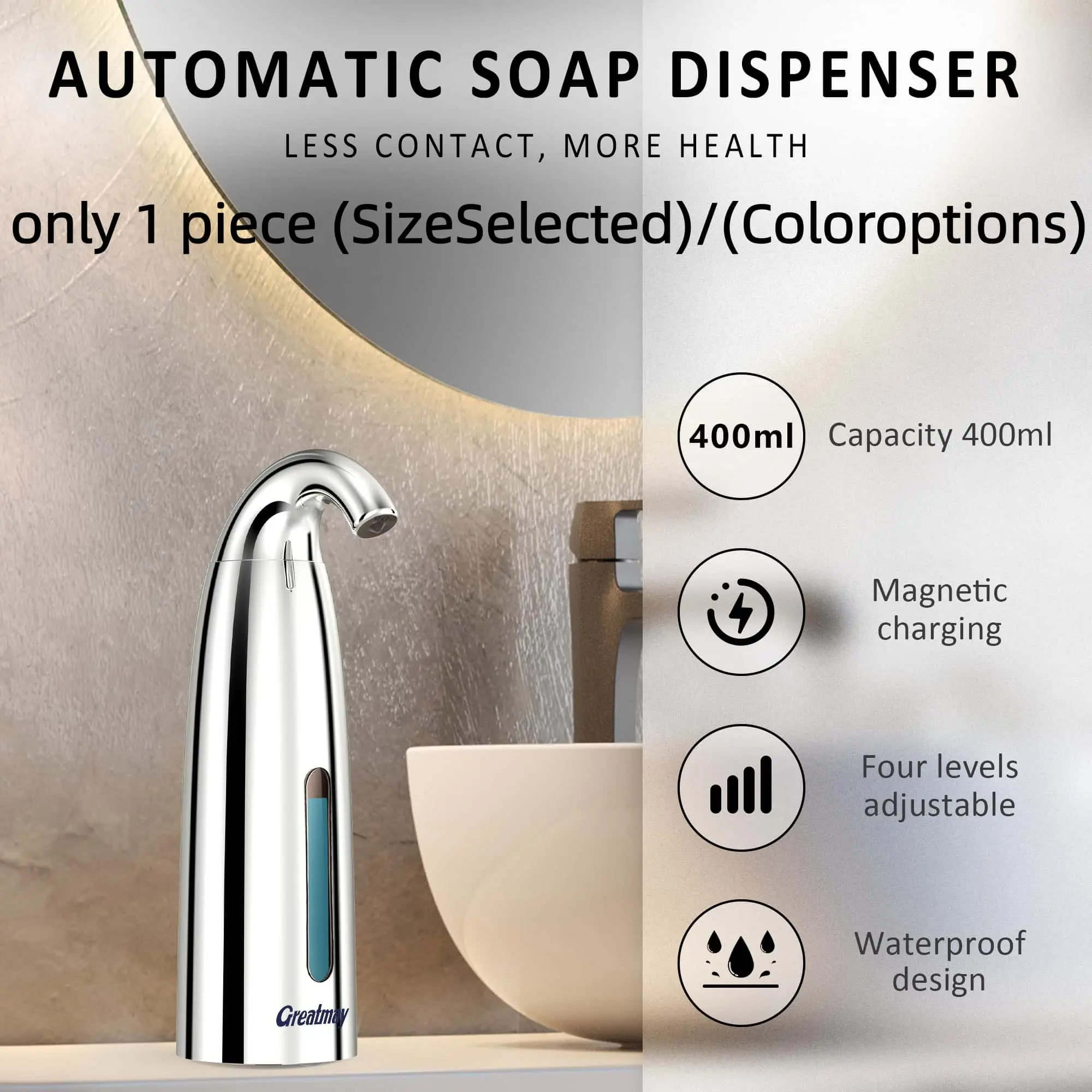 400ML Touch-Free Soap Dispenser, USB Rechargeable, Adjustable Battery, Waterproof Sensor, Ideal for Bathroom, Kitchen, Home, Hotel