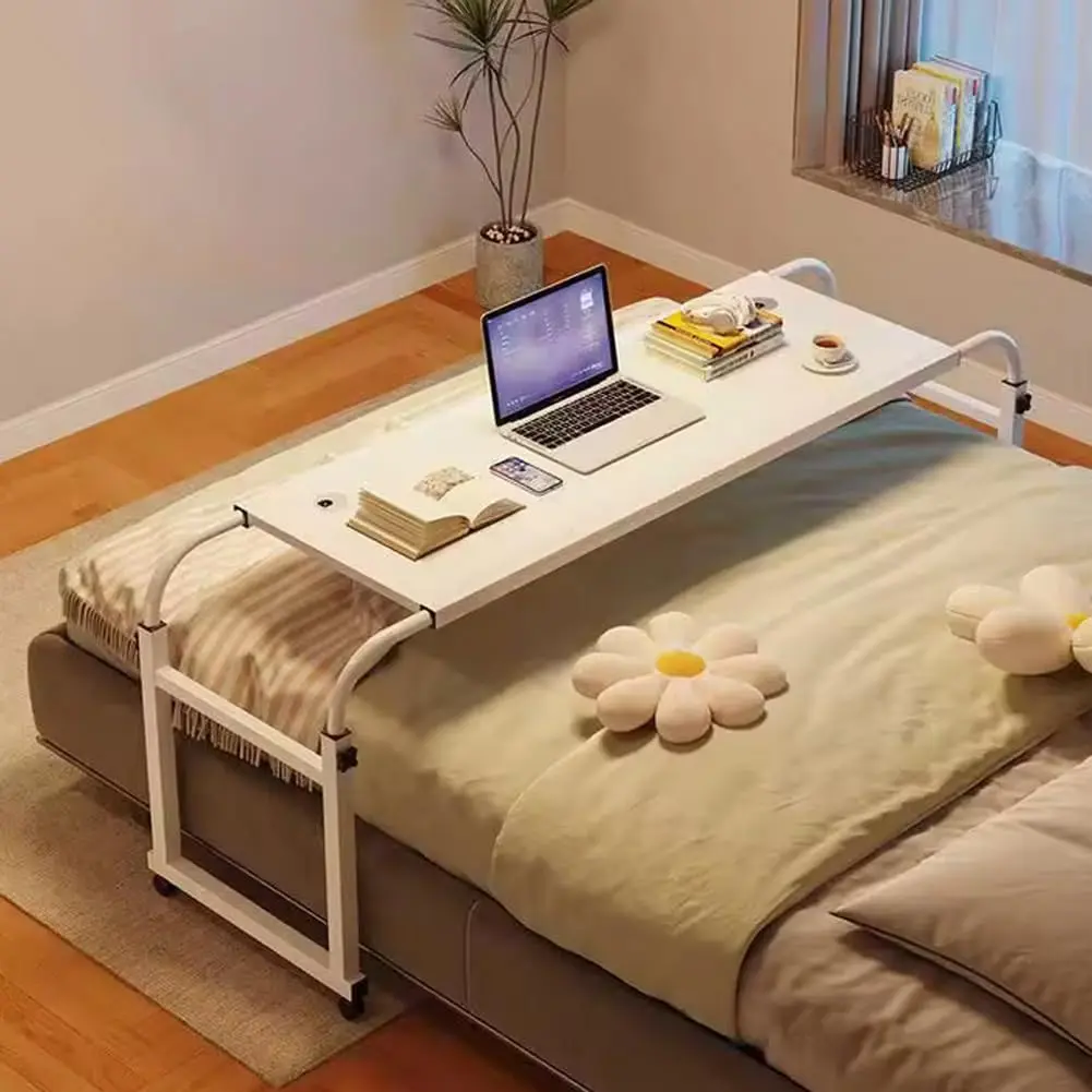 Adjustable Overbed Table with Wheels – Mobile Bedside Laptop Desk with Height Adjustment, 360° Rolling Casters, 4 Lockable Wheels & Curved Edge Design for Hospital Bed, Bedroom, Home Office & Remote Work, White